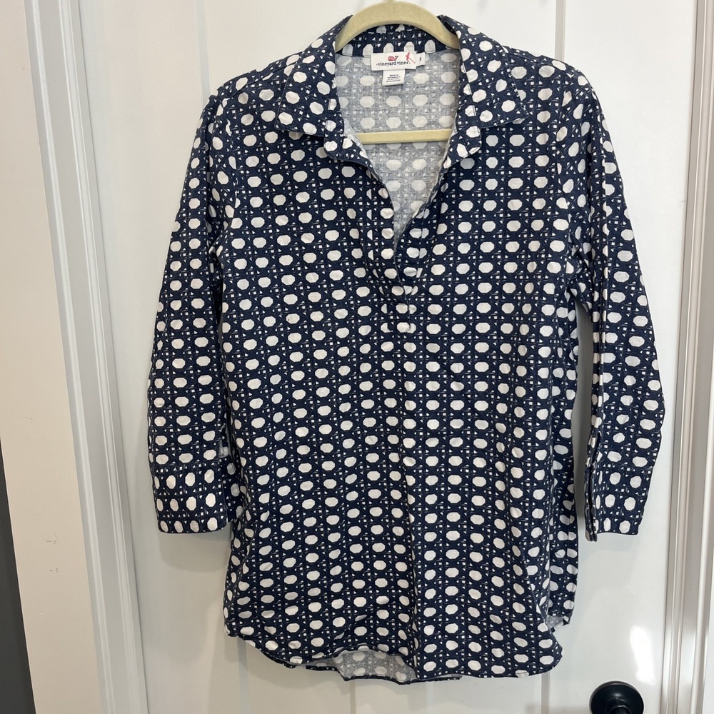 Vineyard Vines Women's Blue‎ White Geometric 3/4 Sleeve V-Neck Tunic Size Small